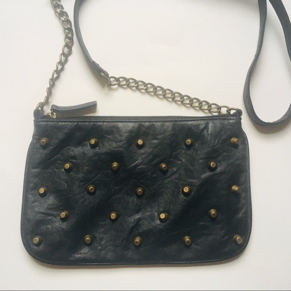 BONGO black leather and aged brass studded bag.